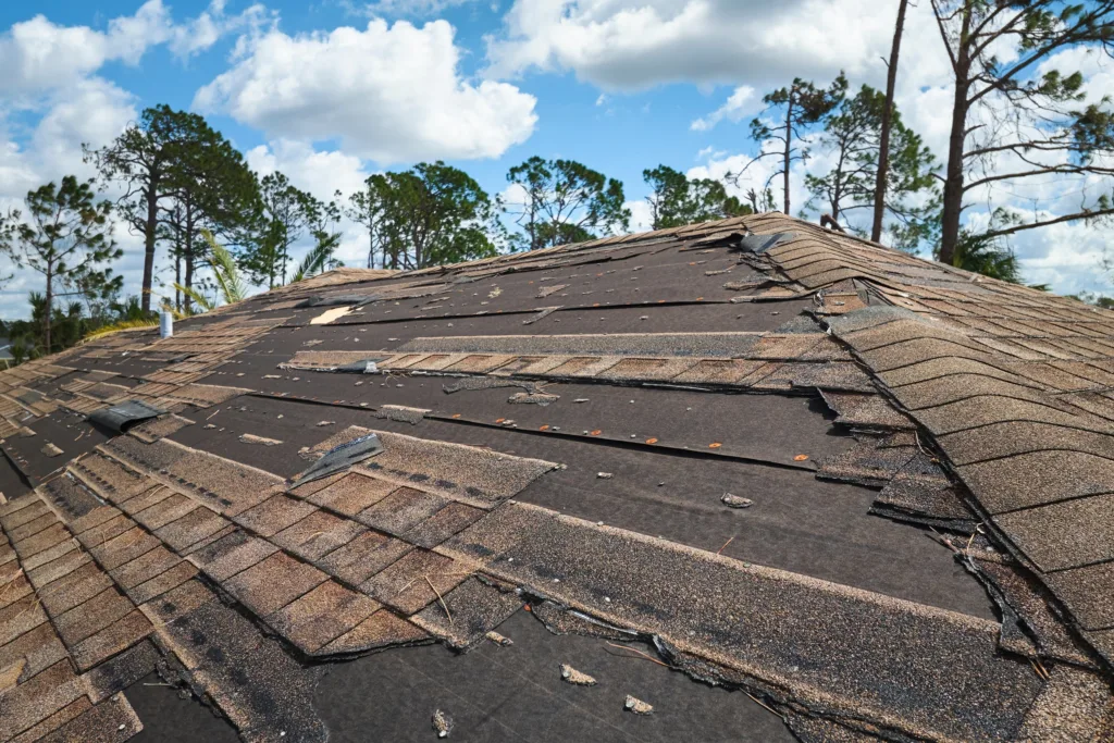 Hurricane-damaged shingle roof with missing shingles